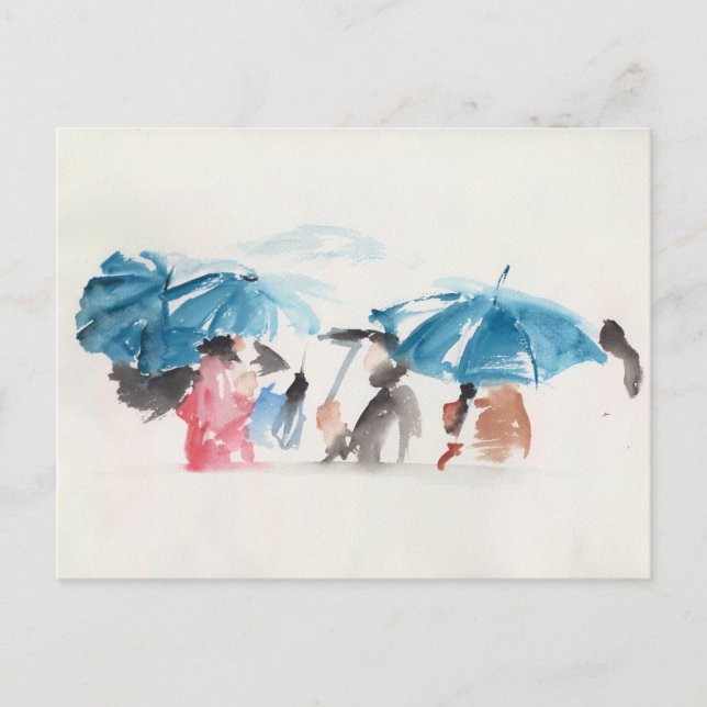 Blue Umbrellas Original Watercolor Cartão Postal 1 (Frente)