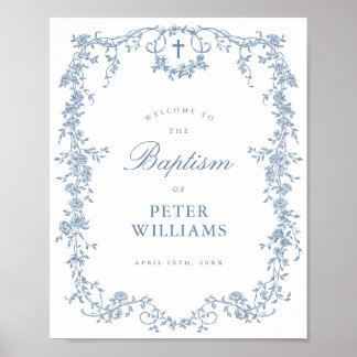 Blue Vintage Floral Cross Baptism Poster