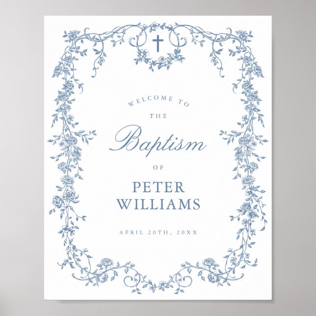 Blue Vintage Floral Cross Baptism Poster (Frente)