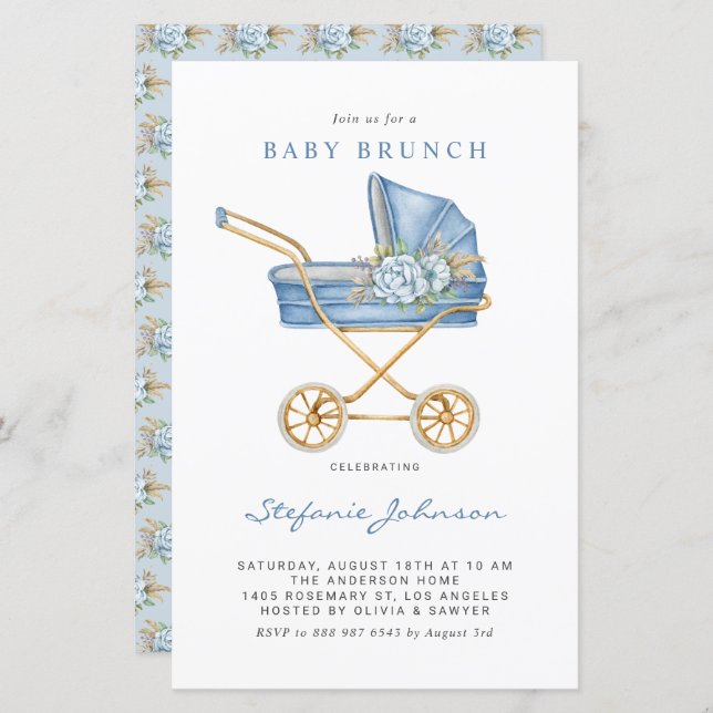 Blue Vintage Stroller Baby Brunch Convite (Frente/Verso)
