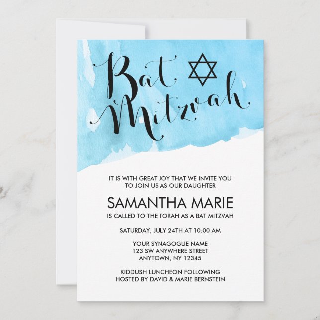 Blue Watercolor Bat Mitzvah - Convites (Frente)
