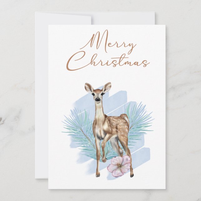 Blue Watercolor Deer Pine Sai do Cartão de Natal (Frente)