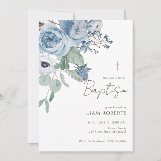 Blue Watercolor Floral Baptism Convite (Frente)