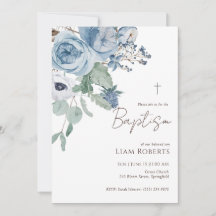 Blue Watercolor Floral Baptism Convite