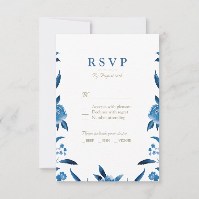 Blue Watercolor floral Chinoiserie Casamento RSVP (Frente)