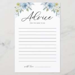 Blue Watercolor Florals Chá de fraldas Advice Card