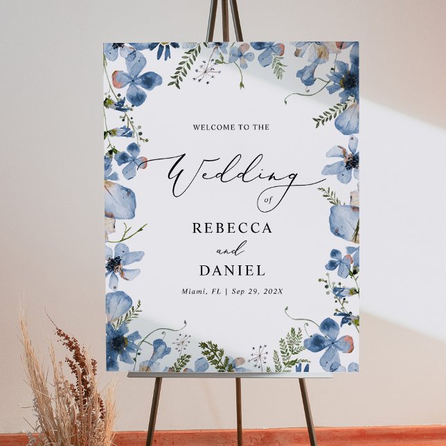 Blue Watercolor Flores Selvagens Boho Poster (Criador carregado)