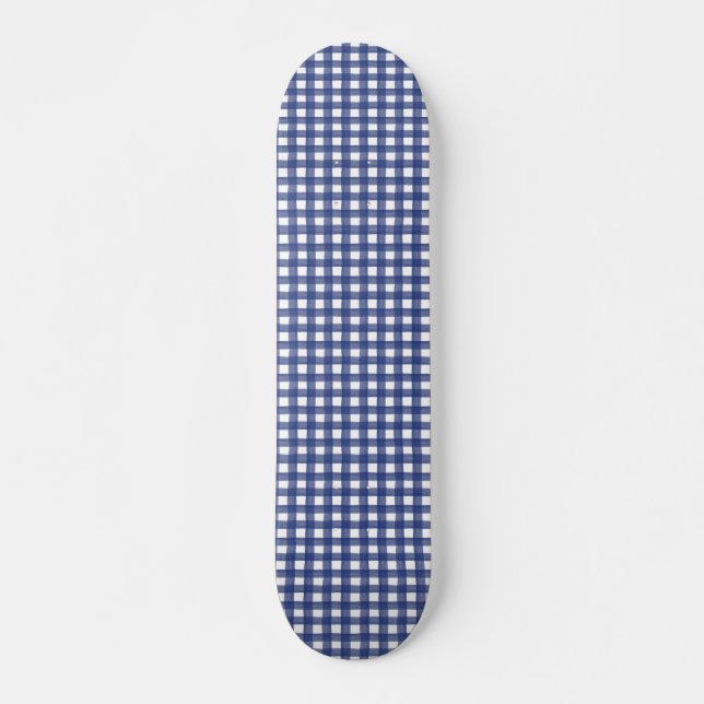 Blue Watercolor Gingham Skateboard (Frente)