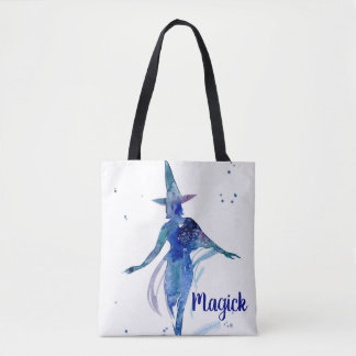 Blue Watercolor Magick Witch Tote Bag