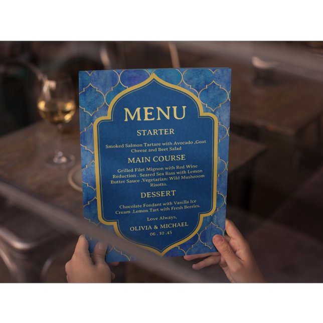 Blue Watercolor Moroccan Wedding Menu (Criador carregado)