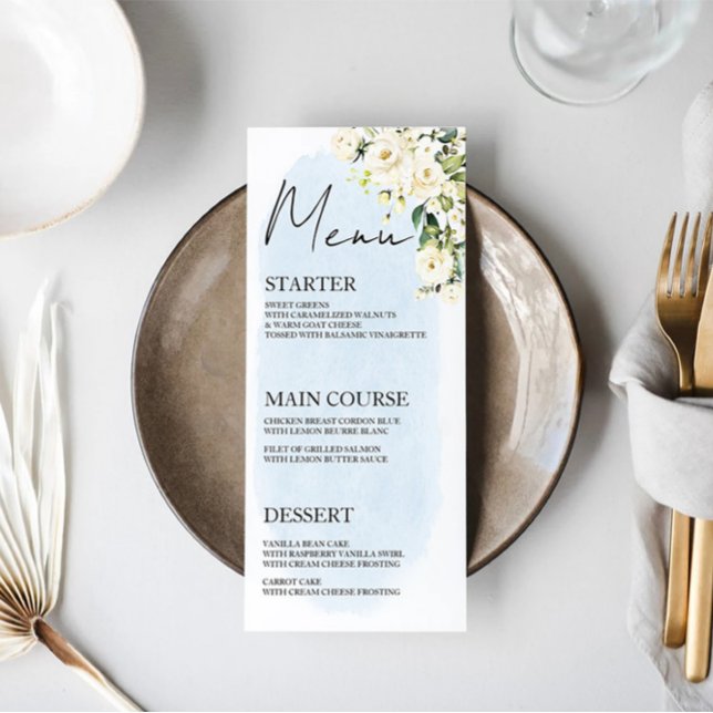 Blue Watercolor White Rose Menu Place Card (Criador carregado)