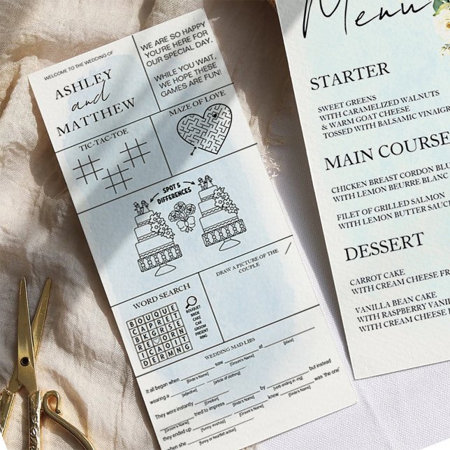 Blue Watercolor White Rose Menu Place Card (Criador carregado)