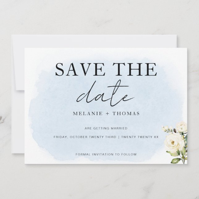 Blue Watercolor White Rose Salvar Cartão de Data (Frente)