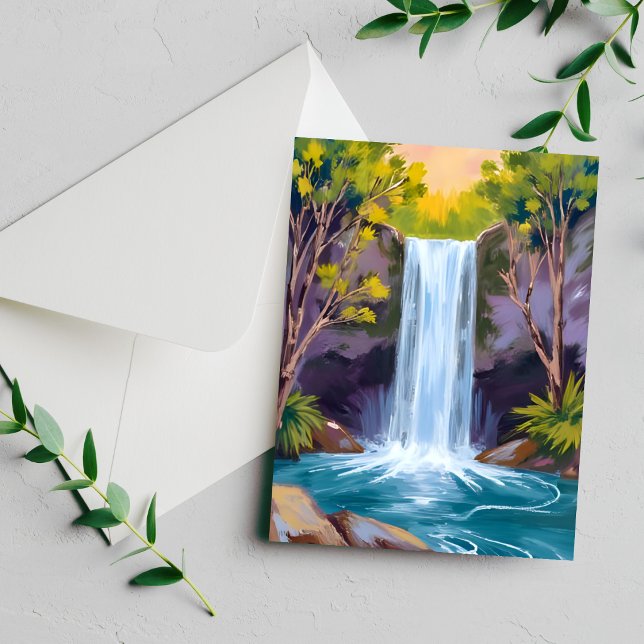 Blue Waterfall | Forest Landscape Painting Card (Criador carregado)