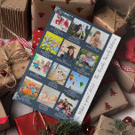 Blue What A Year Review 12 Photo Collage<br><div class="desc">Cartão de Natal ou Feriado azul e branco com 12 imagens fotográficas,  flocos de neve e texto para cada mês do ano. Do lado,  ele tem a citação "Que ano" e o nome da família ou qualquer texto personalizado que você gostaria de adicionar.</div>