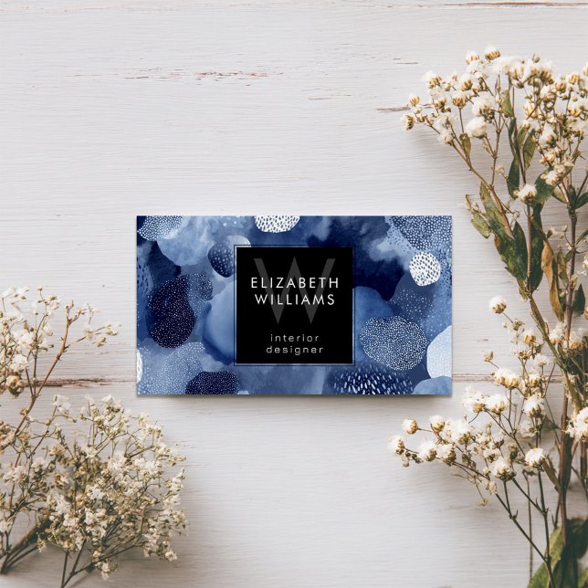 Blue White Abstract Monogram Modern Business Cards (Criador carregado)