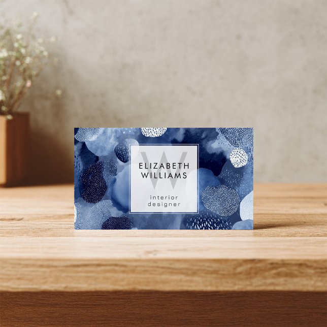 Blue White Abstract Monogram Modern Business Cards (Criador carregado)
