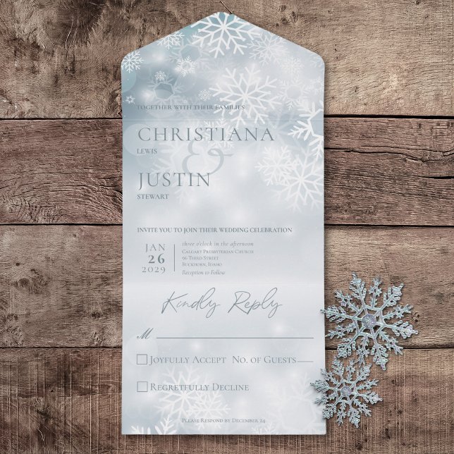 Blue & White Winter Snow Modern No Janto (Blue & White Winter Snow Modern All In One Wedding Invitation without Dinner Options)
