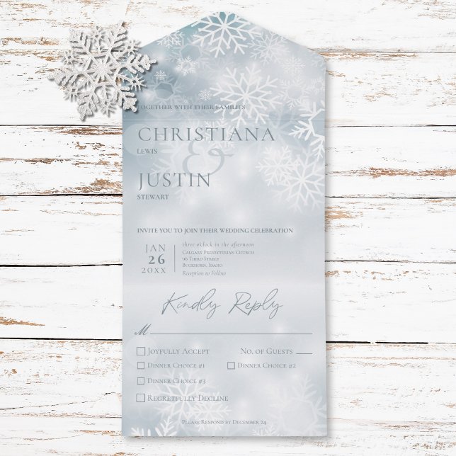 Blue & White Winter Snow Modern Três Jantas (Blue & White Winter Snow Modern Three Dinner All In One Invitation)