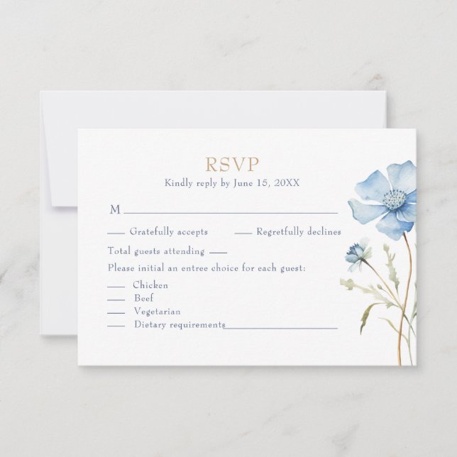 Blue Wildflower Garden Wedding RSVP Card (Frente)