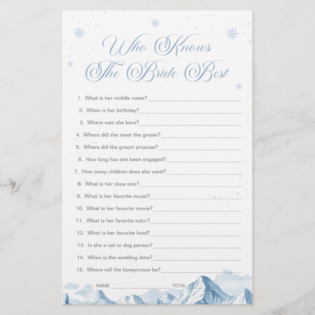 Blue Winter Bridal Shower Who Knows the Bride Best (Frente)