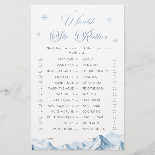 Blue Winter Bridal Shower Would She Rather Game (Frente)