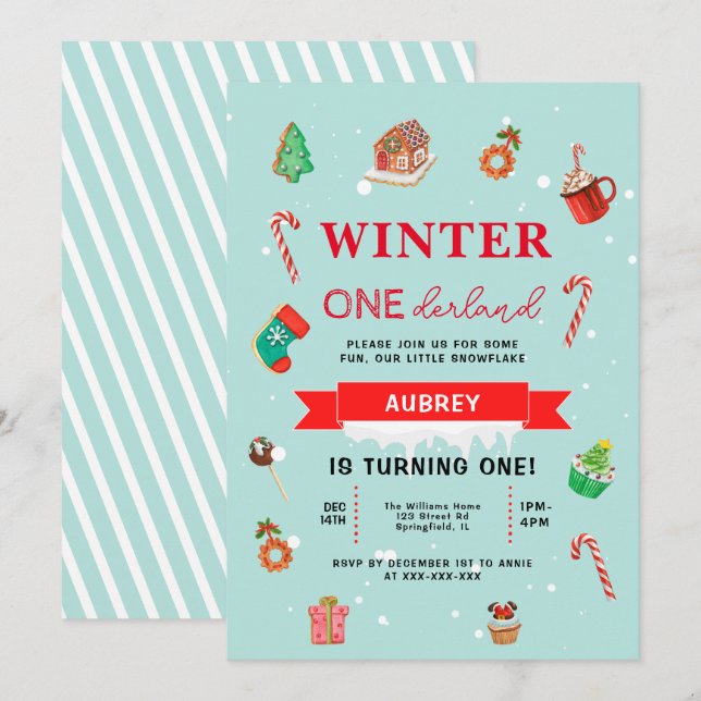 Blue Winter Onederland Primeiro Convite de Anivers (Frente/Verso)