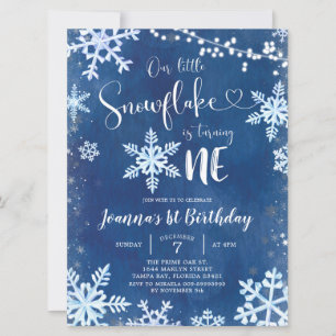 Blue Winter Snowflake First Birthday Convite