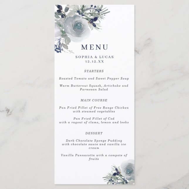 Blue Winter Watercolor Flowers Menu Weding (Frente)