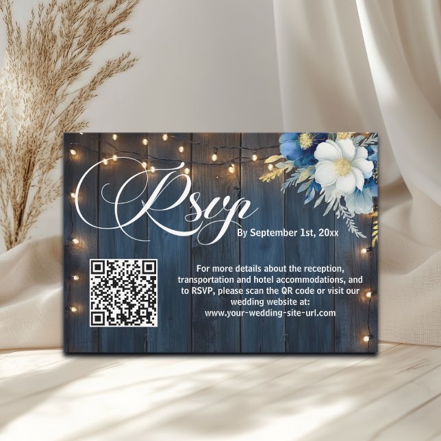 Blue Wood String Luzes QR Código Casamento RSVP (Criador carregado)