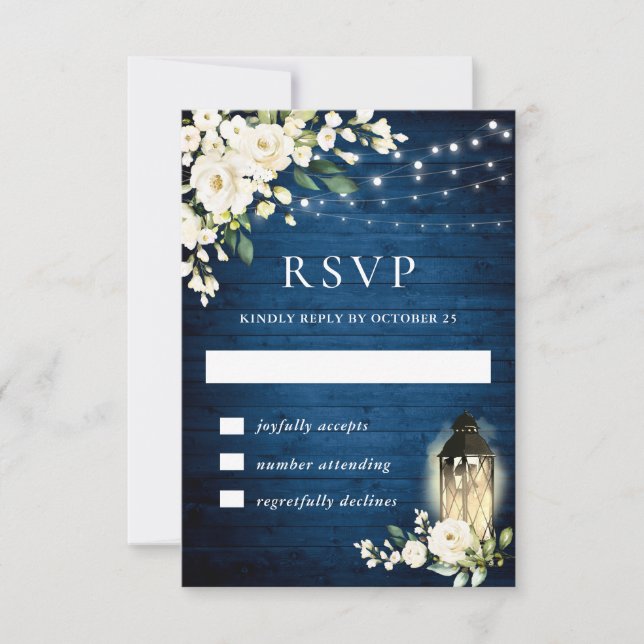 Blue Wood White Roses Rustic Light RSVP Card (Frente)