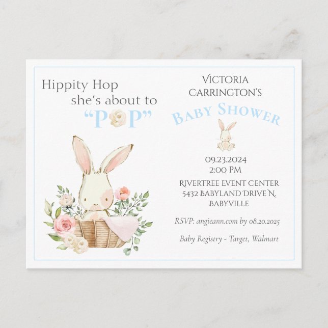 Blue Woodland Forest Bunny Floral Baby Convite (Frente)