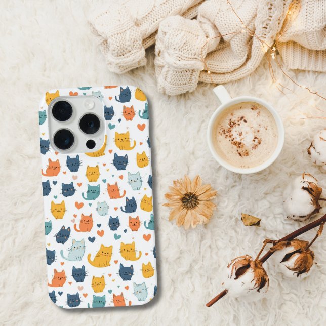 Blue Yellow Orange Kawaii Cat Pattern Cat Lover (Blue orange and yellow cute kawaii whimsical cat pattern on this iPhone. Available on all current )