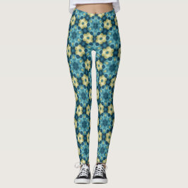 Blue & Yellow Retro Floral Pattern Leggings