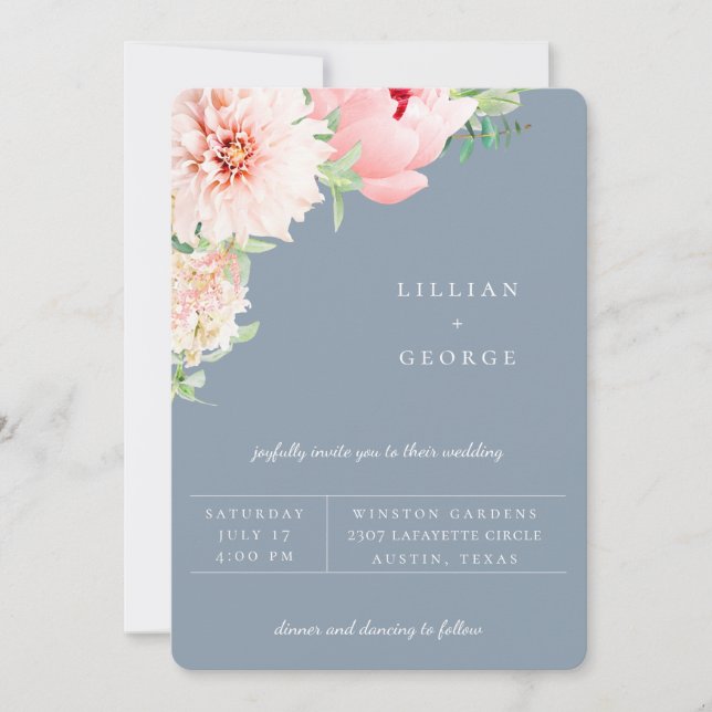 Blush Botânico | Convite de Casamento Azul Desbota (Frente)
