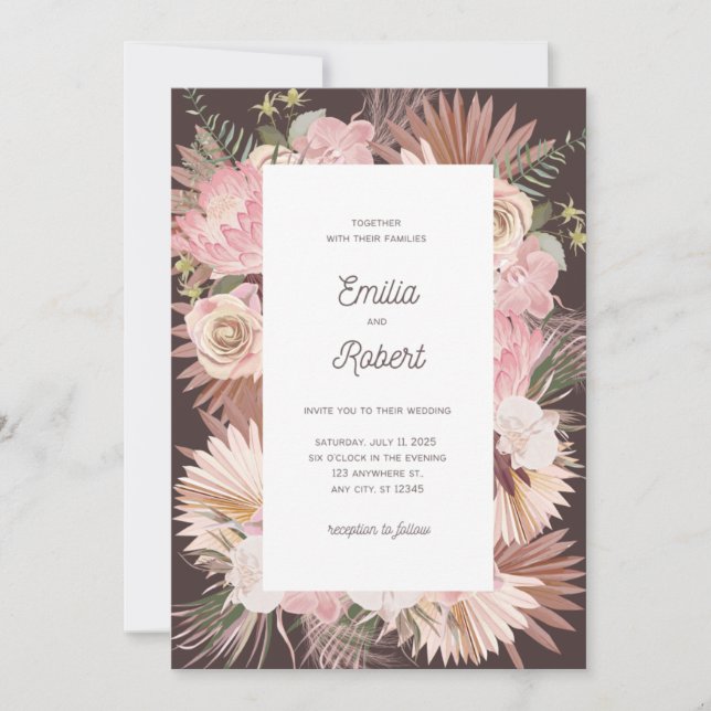 Blush Brown Floral Seco Deixa Convite De Casamento (Frente)