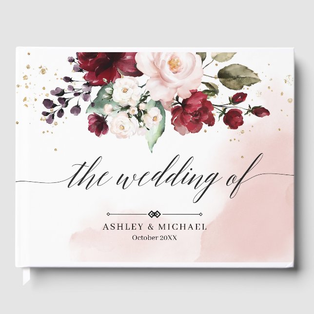 Blush Burgundy e Livro de Convidados de Casamento  (Frente)