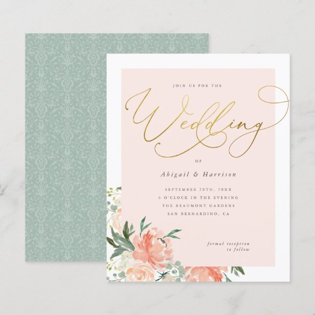 Blush de Pêssego de Orçamento e Casamento Floral d (Frente/Verso)