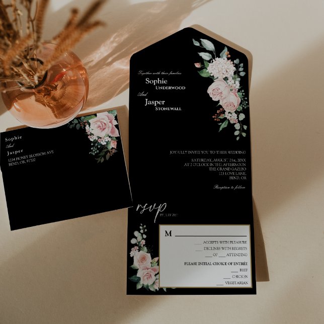Blush Floral Black Casamento Tudo Em Um Convite (Criador carregado)