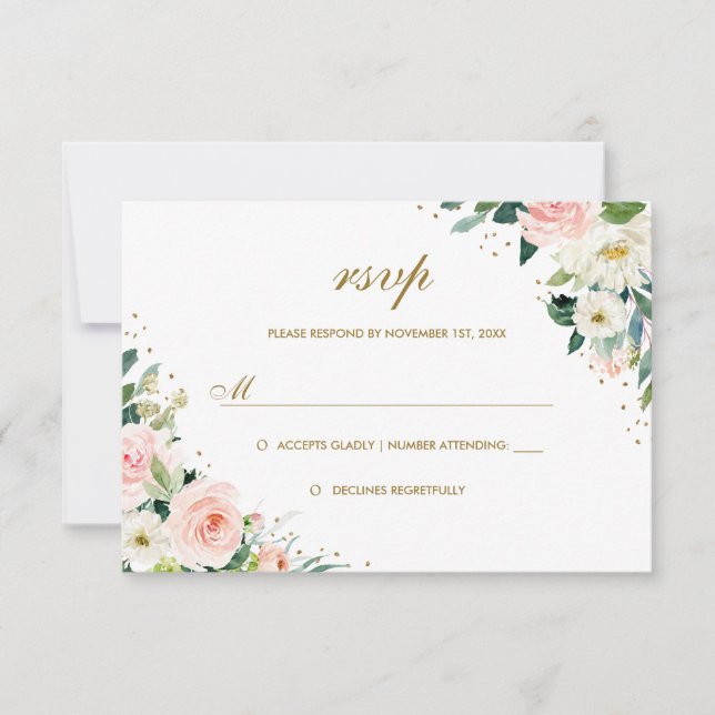 Blush Floral Botânico Dourado RSVP de Casamento (Frente)