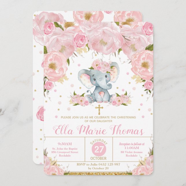 Blush Floral Elephant Baptism Convite Rapariga (Frente/Verso)
