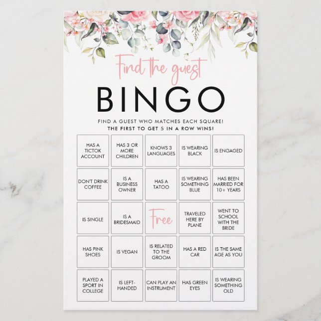 Blush Floral | Encontre o Cartão de Jogo de Bingo  (Frente)