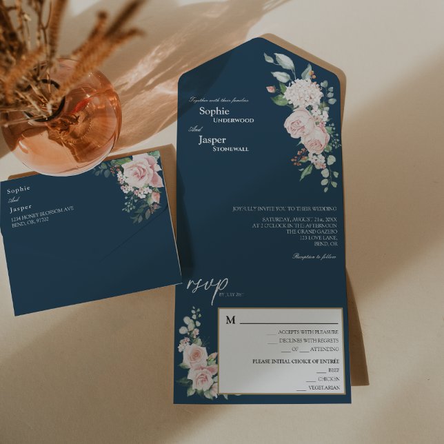 Blush Floral Marinho Casamento Tudo Em Um Convite (Criador carregado)