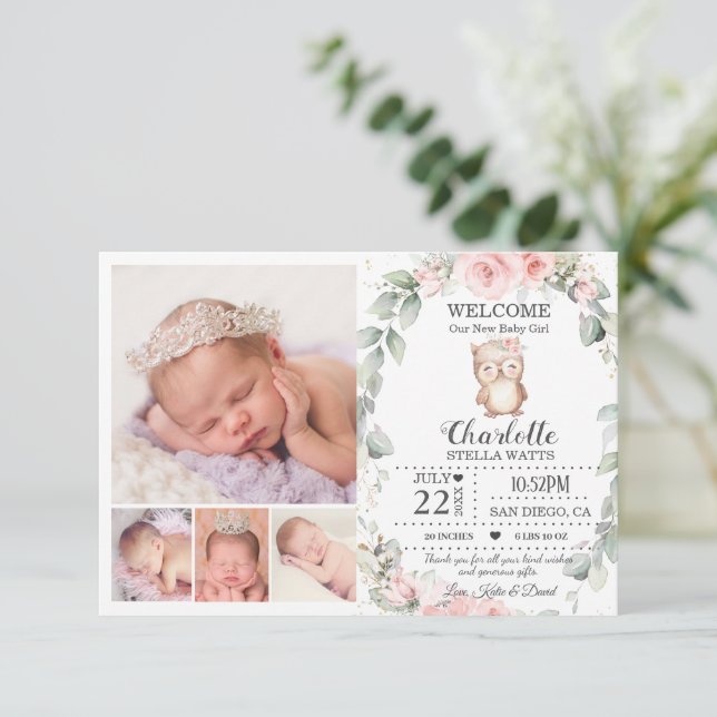 Blush Floral Owl New Baby Photo Birth Anúncio (Em pé/Frente)