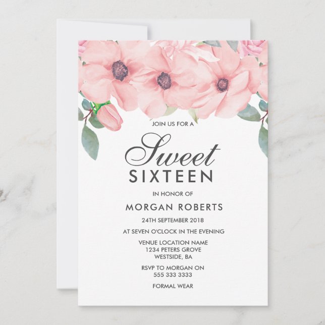 Blush Floral Watercolor Sweet 16 Convite (Frente)