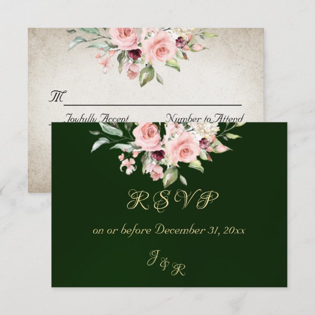 Blush Floral & Wreath RSVP - Emerald (Frente/Verso)