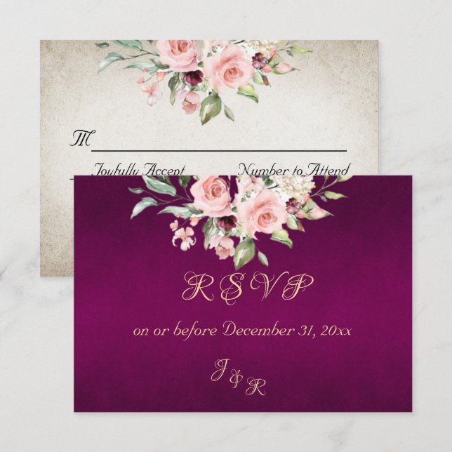 Blush Floral & Wreath RSVP - Purple (Frente/Verso)