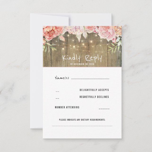 Blush Flowers Rustic String Lights Weding RSVP (Frente)