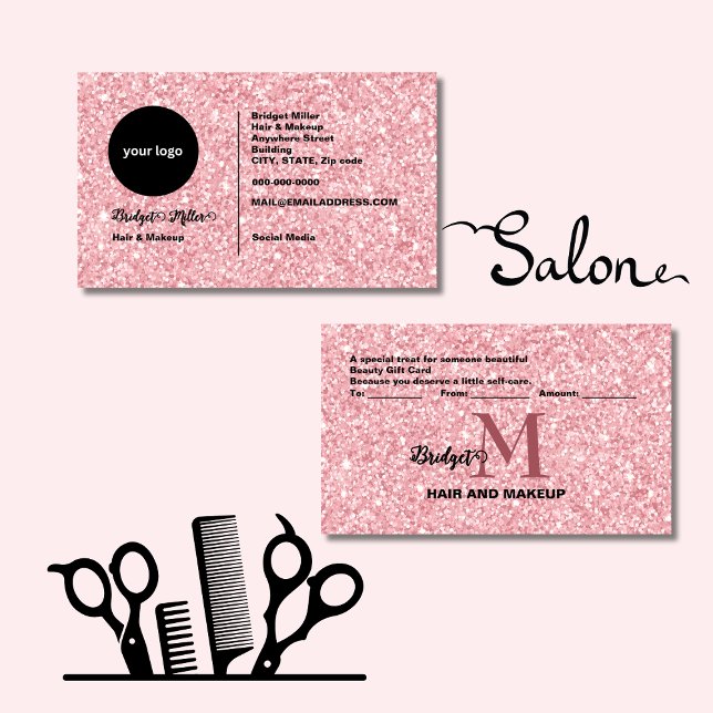 Blush Glitter Monogram Hair & Makeup Gift card (Criador carregado)