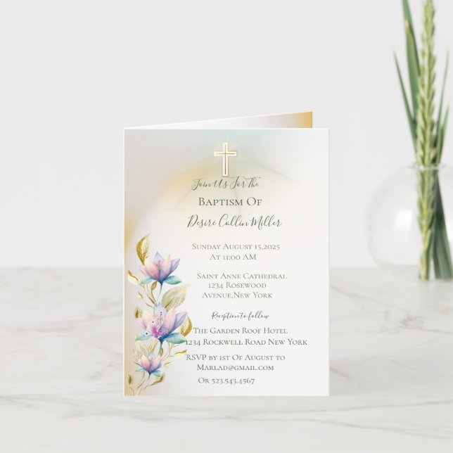 Blush & Lilac Floral, Dourado Convite para Batismo (Frente)